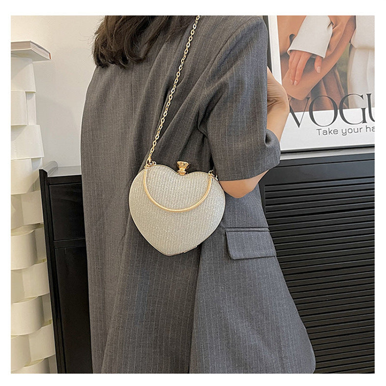 Ladies Fashion Shining Chain Crossbody Bag, Elegant Shoulder Heart Shaped, Metal Embellished, Black, with Buckle Closure, for Party, Wedding, Date